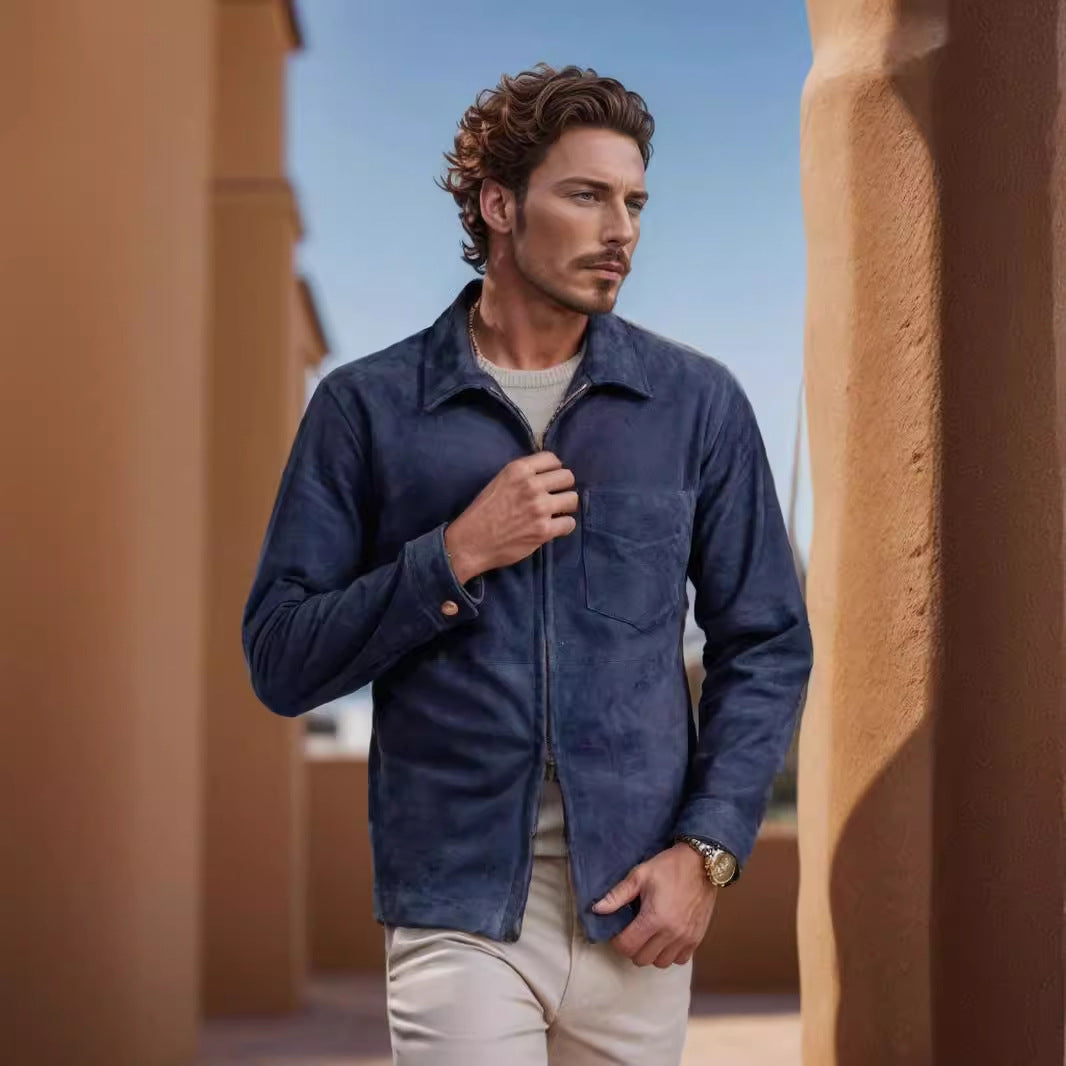 Herren modische Wildlederjacke mit Reißverschluss und Brusttasche Echoarchiv