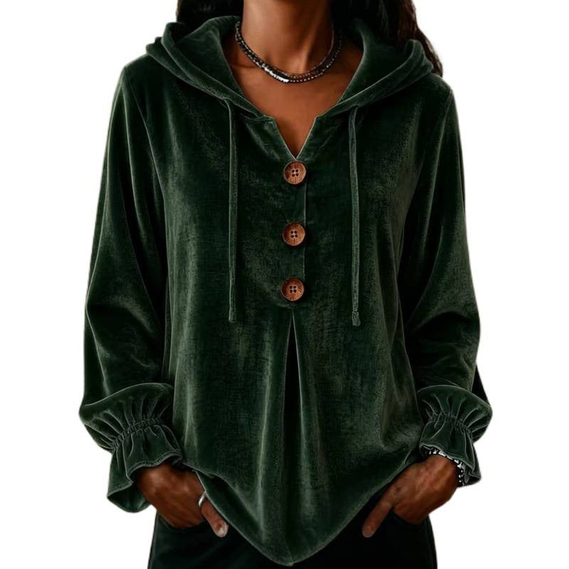 Damen Samt-Hoodie mit Holzknopfblende, Tunnelzug und gerafften Ärmeln – Auréline