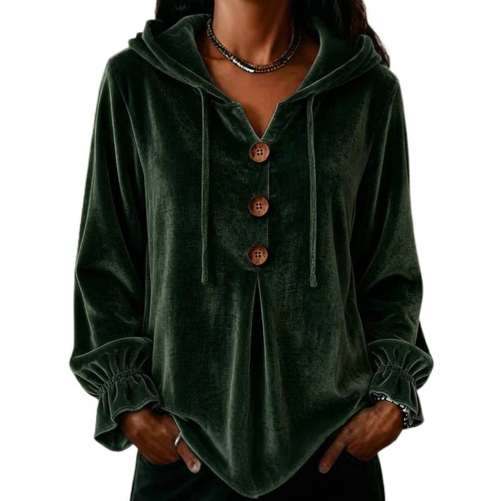 Damen Samt-Hoodie mit Holzknopfblende, Tunnelzug und gerafften Ärmeln – Auréline