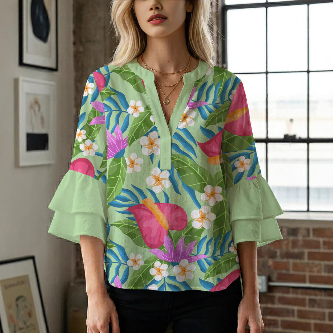 Damen Bluse mit voluminösen Rüschenärmeln und floralem Muster Echo Archiv
