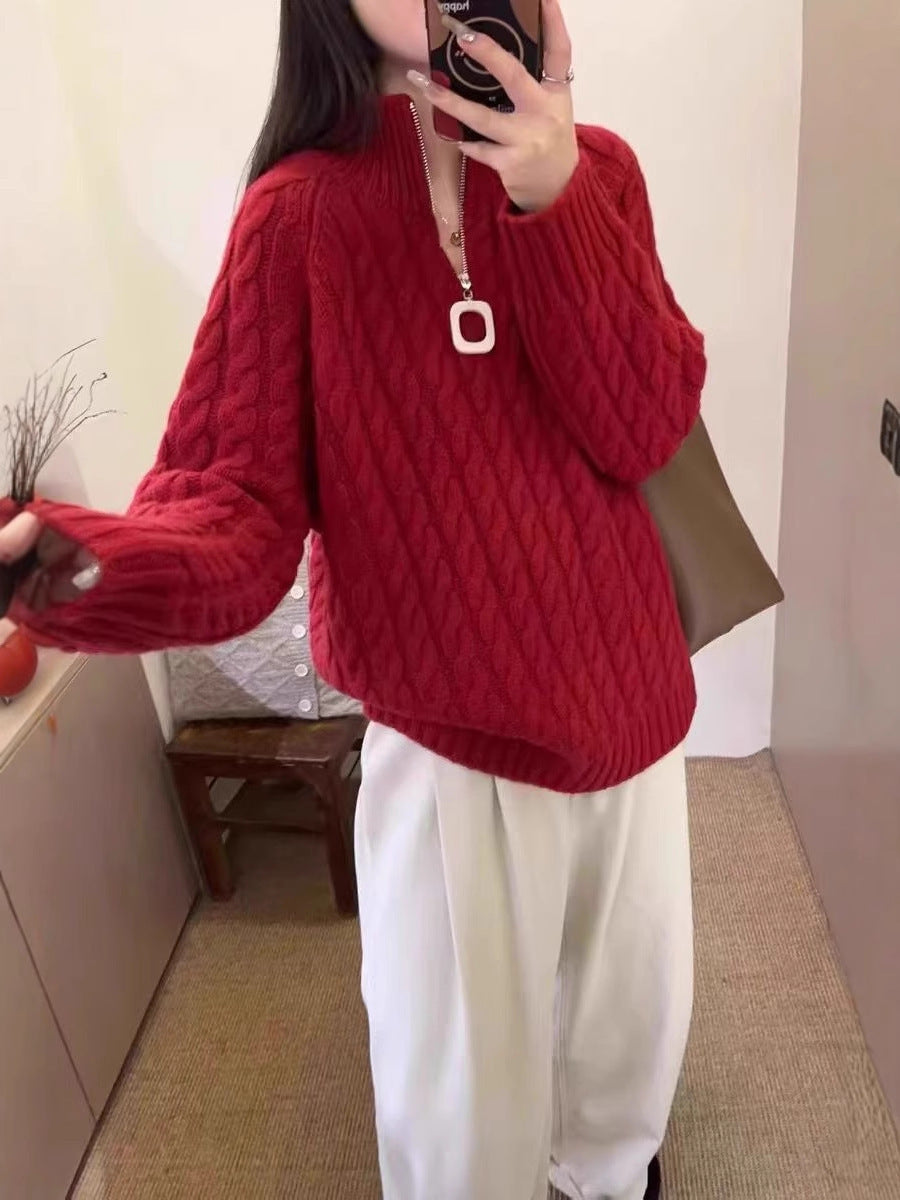 Damen Oversize Zopfmuster-Feinstrickpullover mit halbem Zipper und Stehkragen Echoarchiv