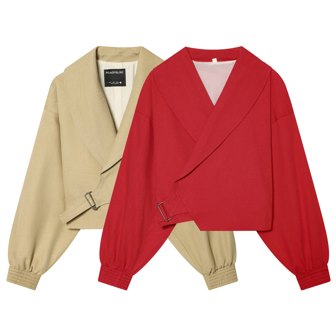 Damen kurze Wickeljacke mit großem Schalkragen, Taillengürtel und Ballonärmeln – Célinea