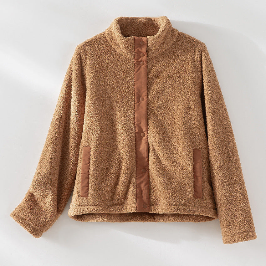Damen kuschelige Teddy-Fleecejacke mit Stehkragen, Druckknopf-Leiste und kontrastierten Tascheneinfassungen Echoarchiv