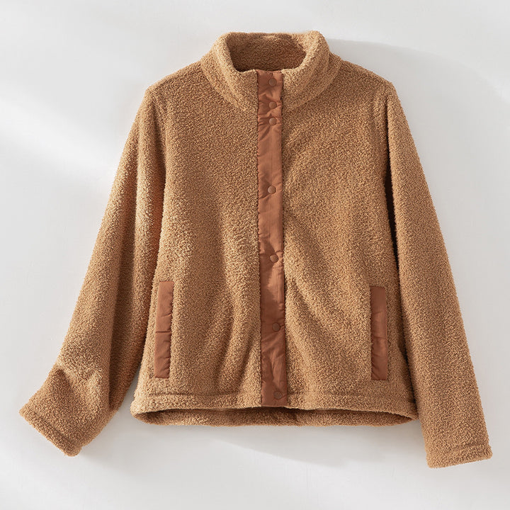 Damen kuschelige Teddy-Fleecejacke mit Stehkragen, Druckknopf-Leiste und kontrastierten Tascheneinfassungen Echoarchiv
