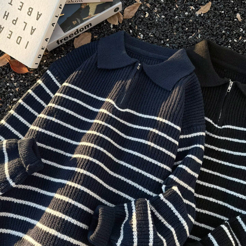 Unisex Grobgestrickter Oversize-Pullover mit halbem Reißverschluss und Polokragen Echoarchiv