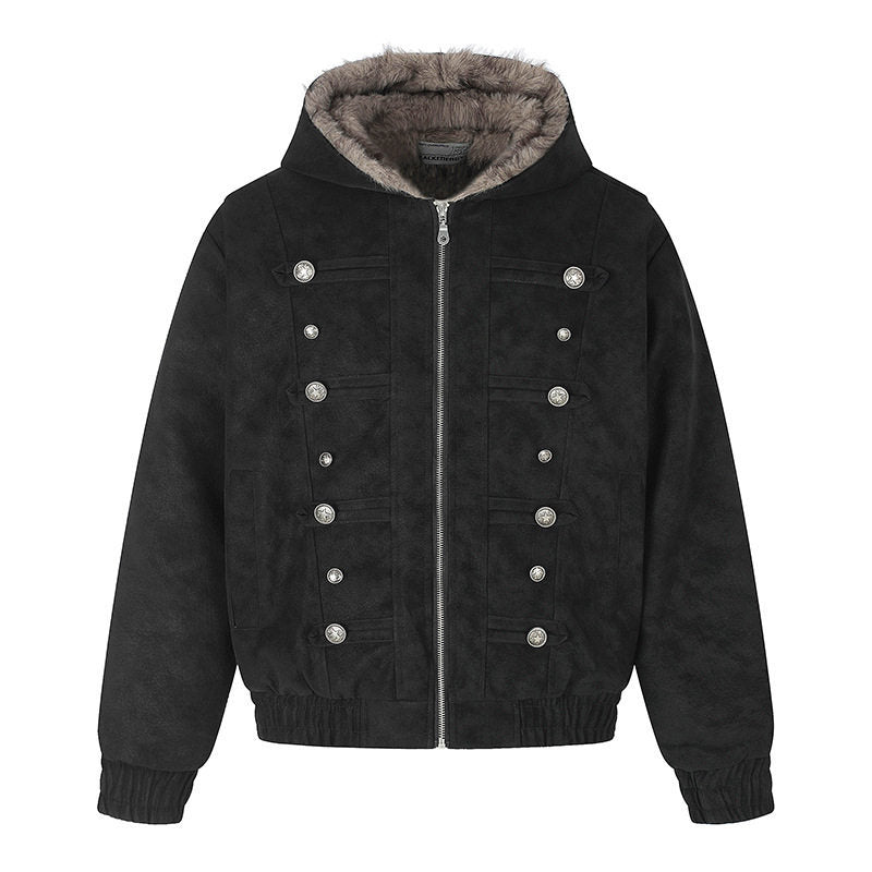 Damen Kapuzen-Bomberjacke aus Veloursimitat mit Kunstfell‑Futter und dekorativen Reliefknöpfen Echoarchiv