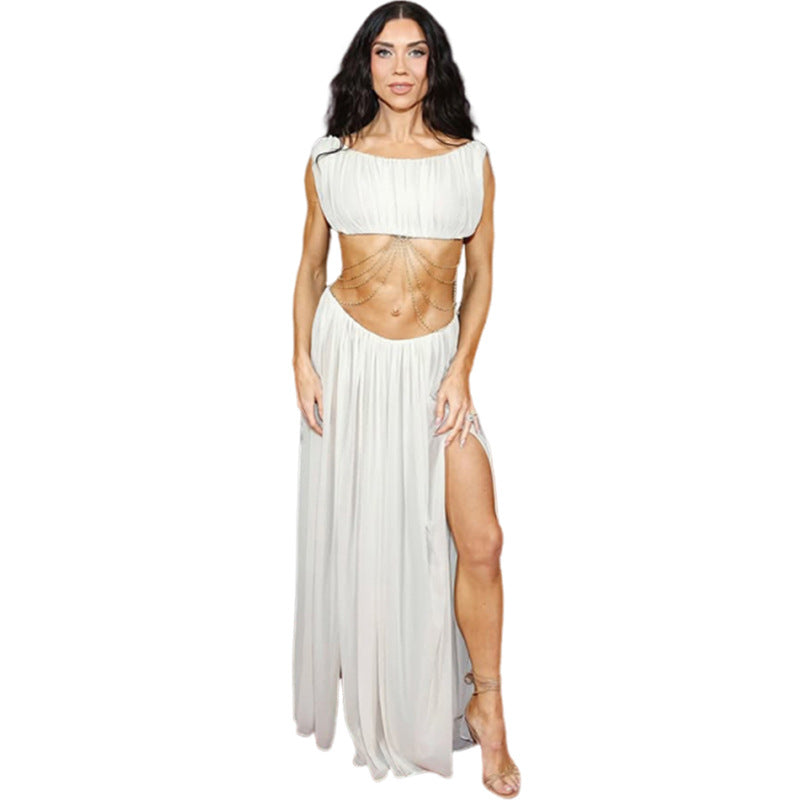 Damen Luxuriöses Chiffon-Maxikleid mit raffinierten Kettendetails und innovativem Schnitt Echo Archiv