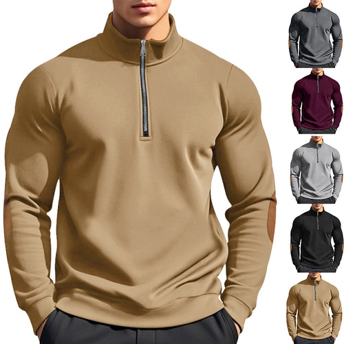 Herren nan halbhoher Zip-Pullover mit Stehkragen, Ellbogen-Patches und modernem Regular Fit Echo Archiv