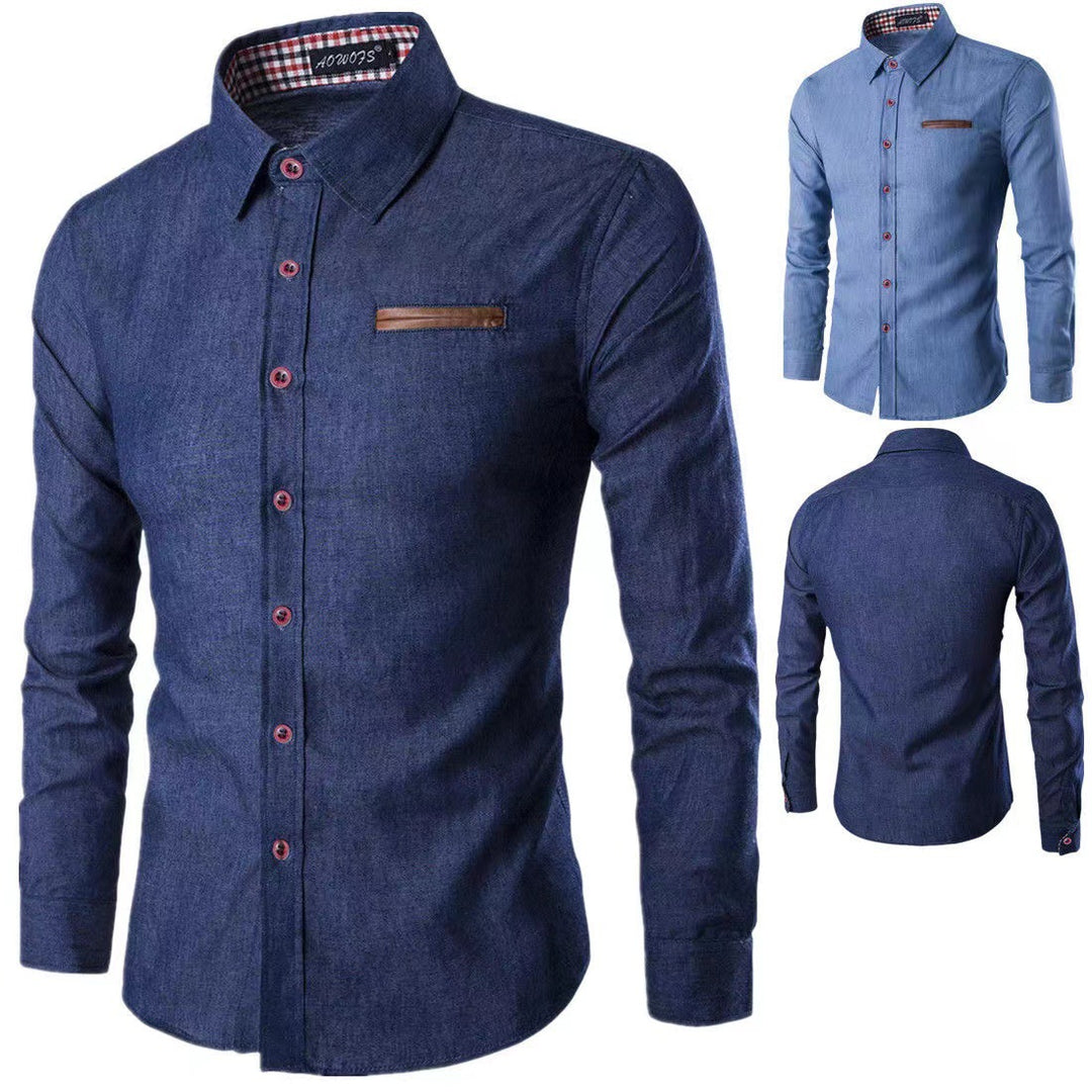 Herren nan Slim-Fit Denim-Hemd mit Brustleistentasche und kariertem Kragenfutter Echo Archiv