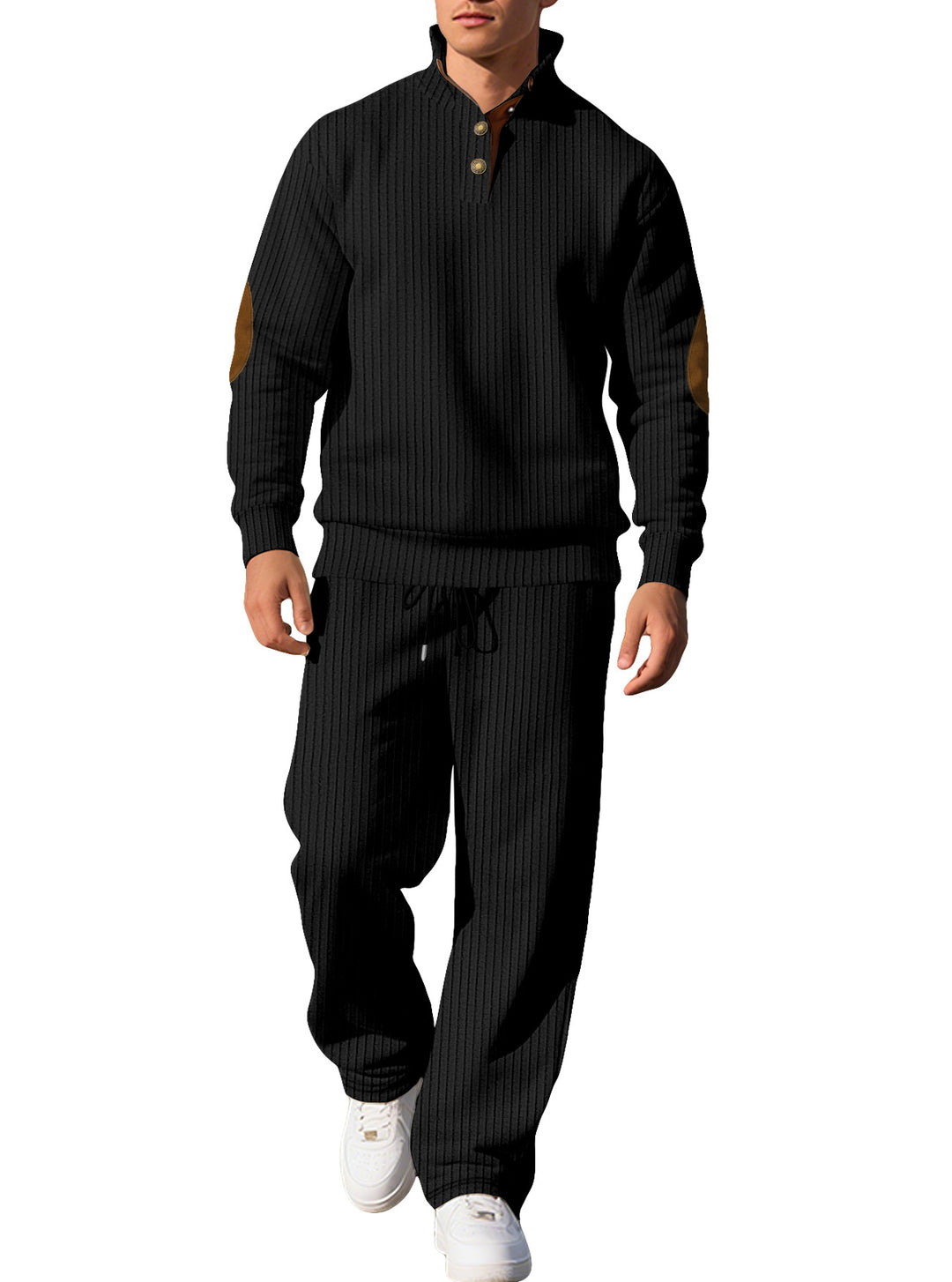 Herren nan feiner Rippstrickpullover mit halber Knopfleiste hohem Stehkragen und kontrastierendem Suedine-Ellbogenbesatz Echo Archiv