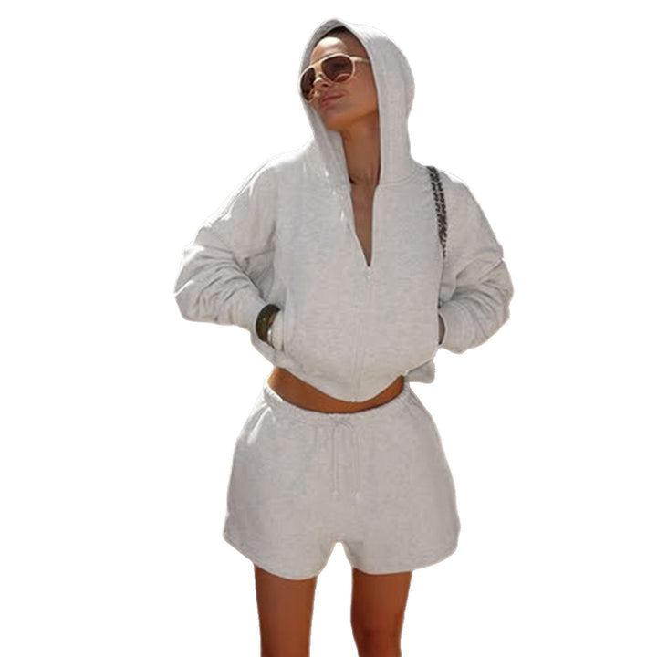 Damen nan kurzes Kapuzen-Hoodie und Drawstring-Shorts Lounge-Set mit durchgehendem Reißverschluss und taillenhohem Bindebund Echo Archiv