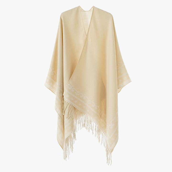 Damen Grobgewebter Jacquard-Umhang im Oversize mit Zipfelsaum und Fransensaum Echo Archiv