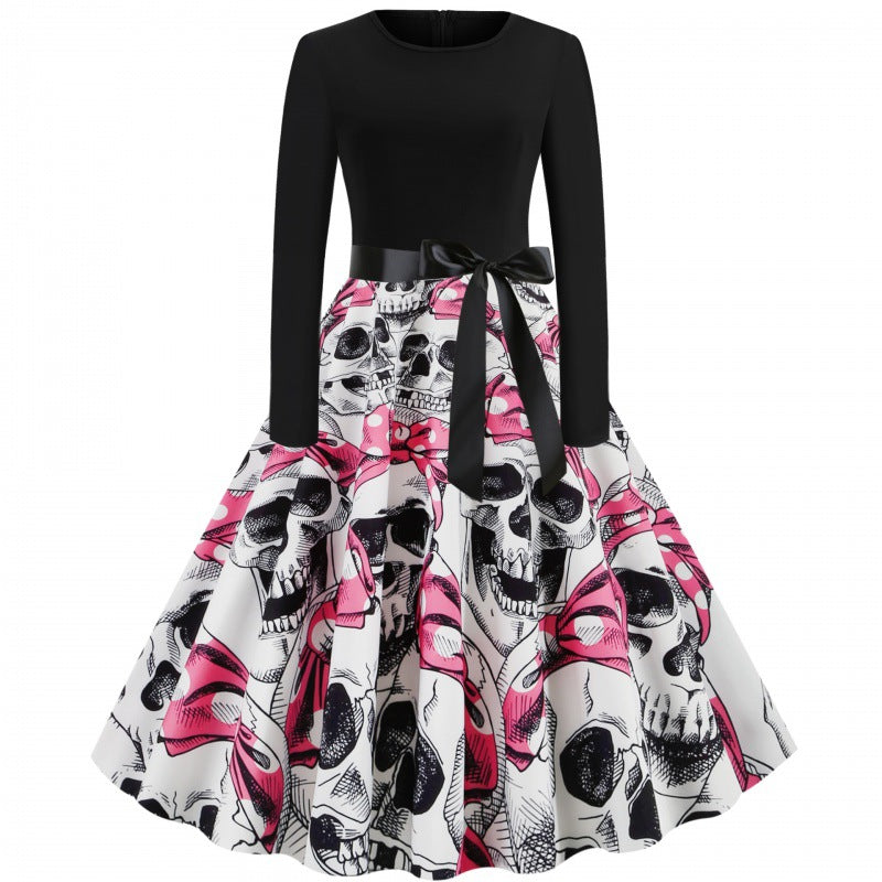 Damen Vintage Swingkleid mit Kürbisprint, langärmlig und taillierter Satinschleife – Élara