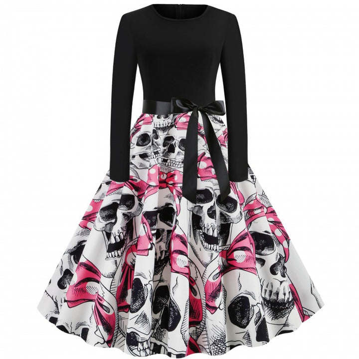 Damen Vintage Swingkleid mit Kürbisprint, langärmlig und taillierter Satinschleife – Élara