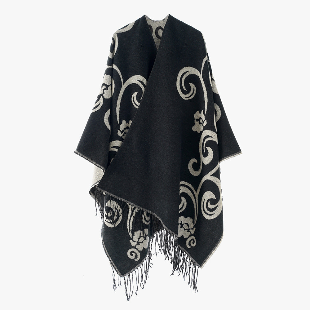Damen Jacquard-Überwurf im Umhangstil mit Wendefunktion und Fransensaum Echo Archiv