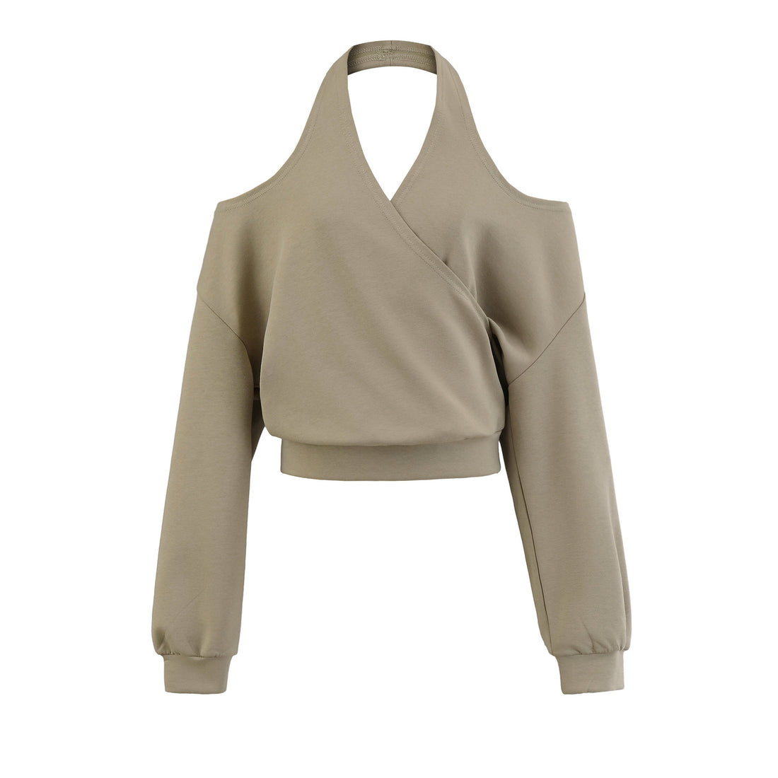 Damen Cropped Sweatshirt mit Neckholder, Cold-Shoulder und Wickeloptik Echoarchiv