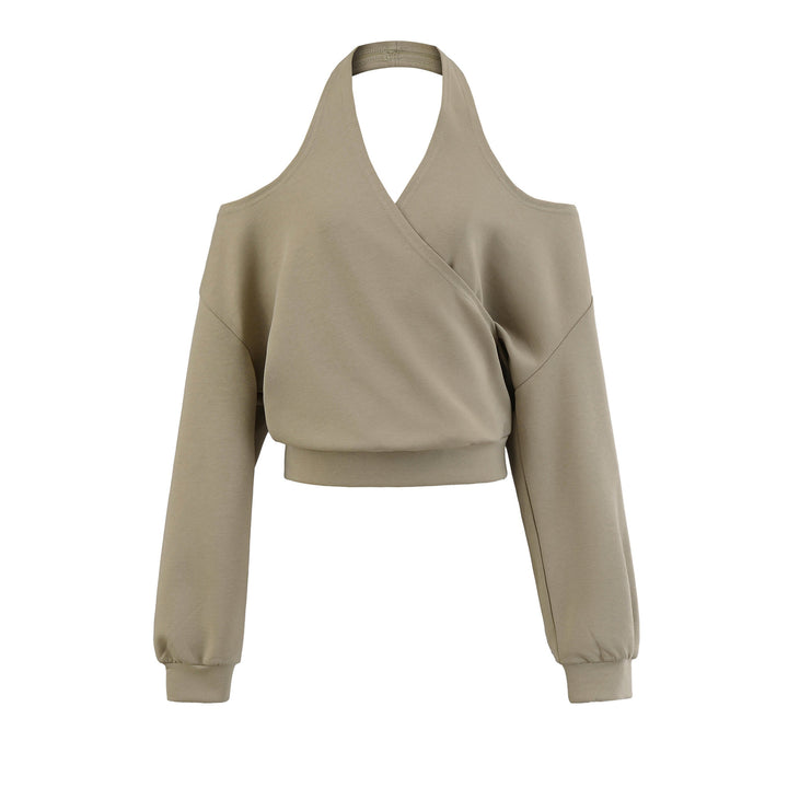 Damen Cropped Sweatshirt mit Neckholder, Cold-Shoulder und Wickeloptik Echoarchiv