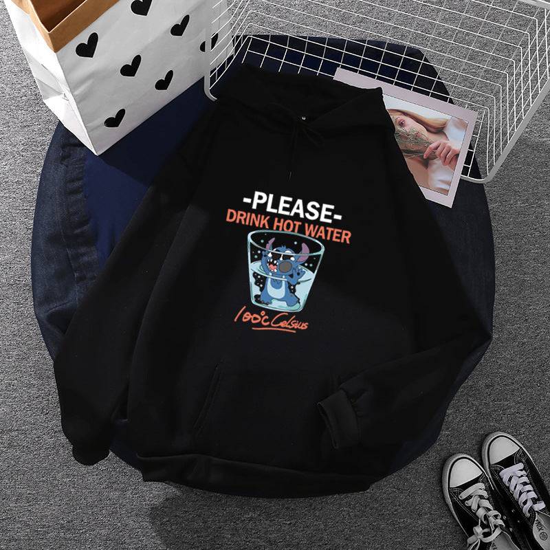 Damen Kapuzenpullover mit großflächigem Cartoon-Glas-Print, weichem Fleece-Innenfutter und Kängurutasche – Auréline