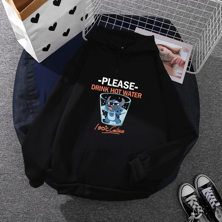 Damen Kapuzenpullover mit großflächigem Cartoon-Glas-Print, weichem Fleece-Innenfutter und Kängurutasche – Auréline