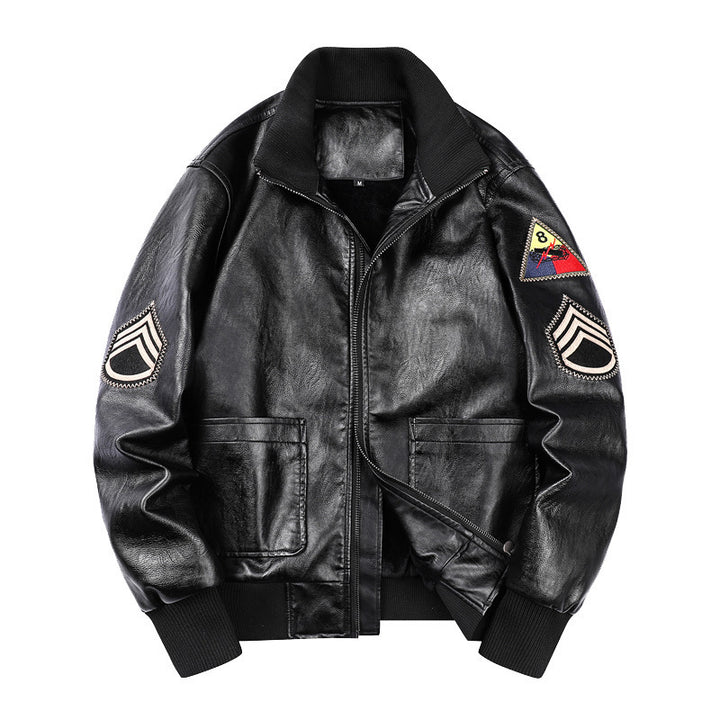 Herren Vintage-inspirierte Pilot-Bomberjacke aus Lederoptik mit gestickten Abzeichen und Rippbündchen Echo Archiv