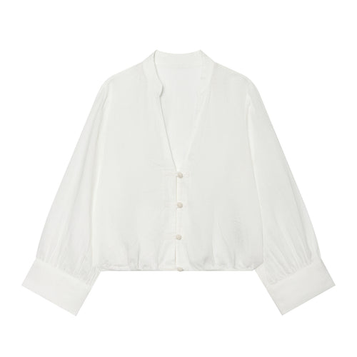 Damen Cropped-Bluse im Tai-Chi-Stil mit Stehkragen, Knotenverschlüssen und Ballonärmeln Echo Archiv