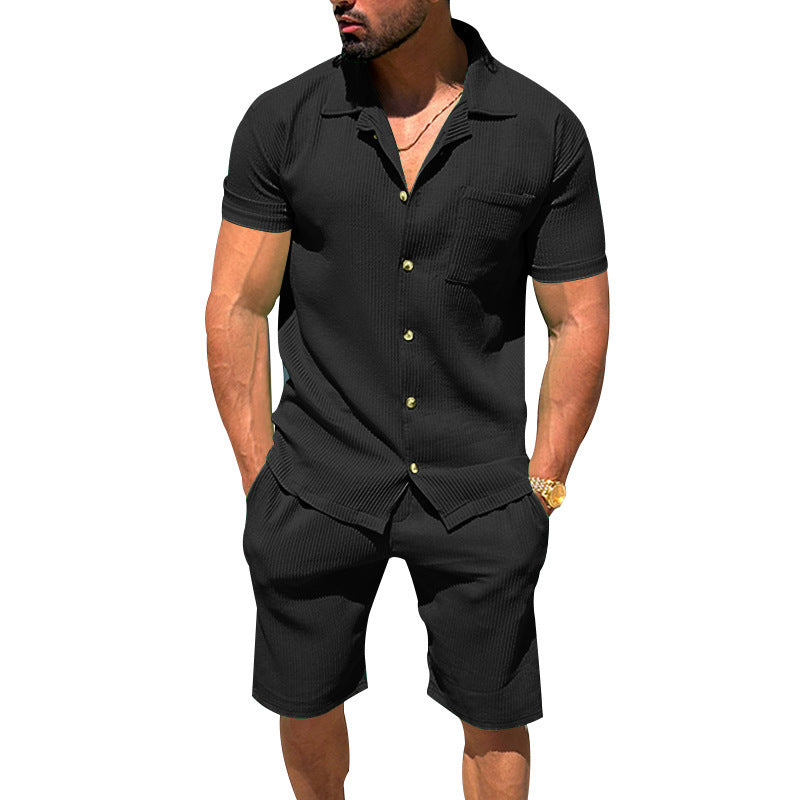 Herren lässiges Kurzarmhemd und Bermuda-Shorts Set mit strukturiertem Design Echoarchiv