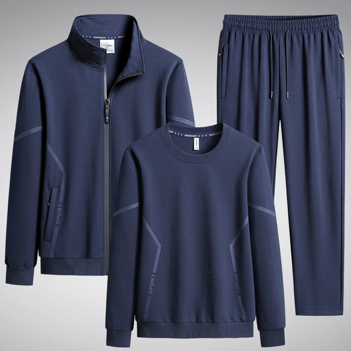 Herren Dreiteiliges Performance-Trainingsset mit Stehkragen-Zipjacke, Rundhals-Sweater & tapered Jogginghose Echoarchiv