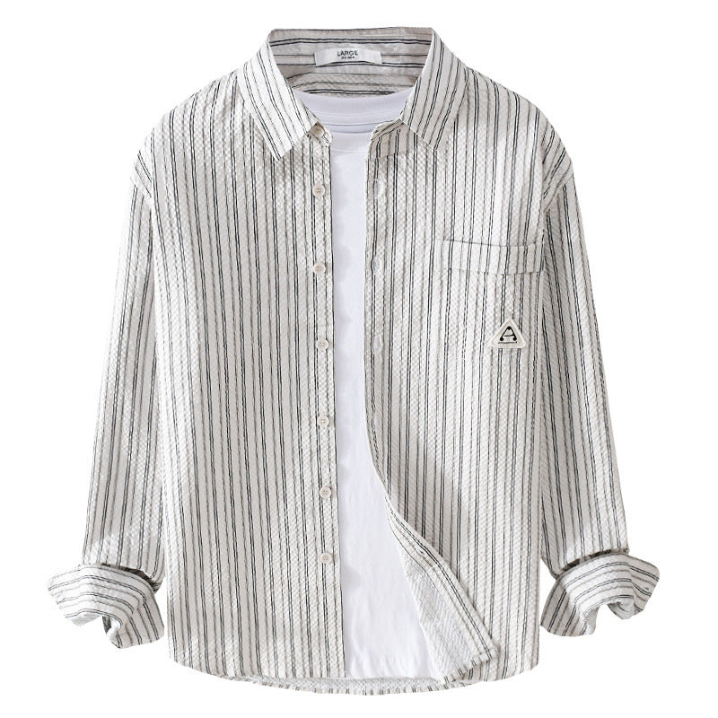 Herren Leichtes gestreiftes Baumwoll‑Leinen Layering‑Overshirt mit Kentkragen, Brusttasche und Crinkle‑Struktur Echoarchiv