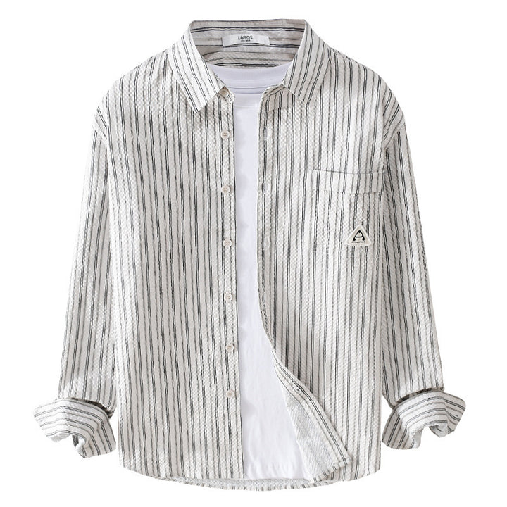 Herren Leichtes gestreiftes Baumwoll‑Leinen Layering‑Overshirt mit Kentkragen, Brusttasche und Crinkle‑Struktur Echoarchiv