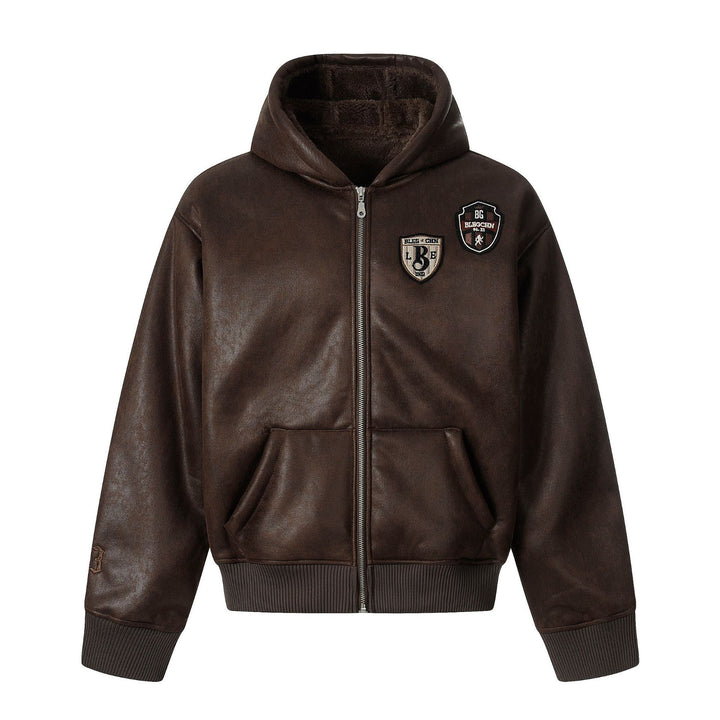 Herren Kapuzen-Lederblouson mit Teddyfutter und Rippbündchen Echoarchiv