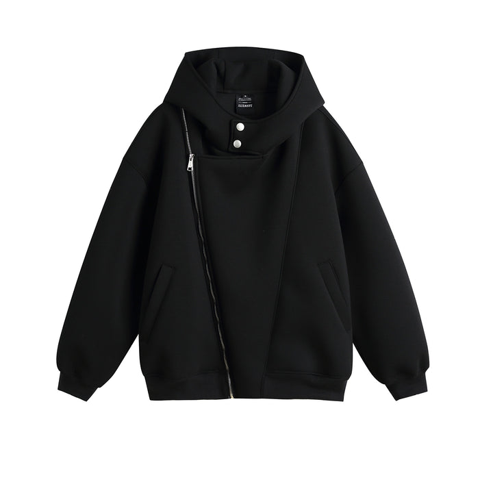 Unisex Oversize Kapuzen‑Zipjacke mit asymmetrischem Reißverschluss und hohem Funnelkragen Echoarchiv