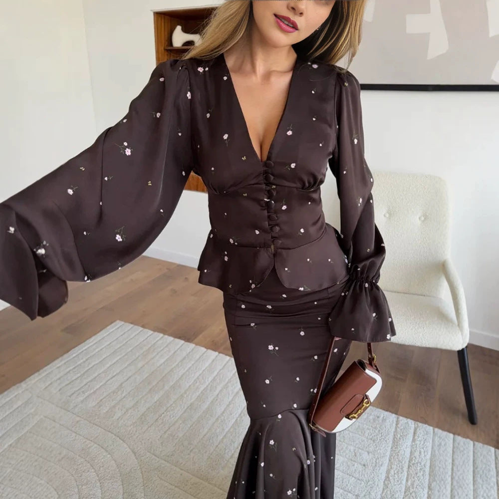Damen Zweiteiliges Satin-Set mit tailliertem Knopf-Top und Meerjungfrau-Rock Echoarchiv