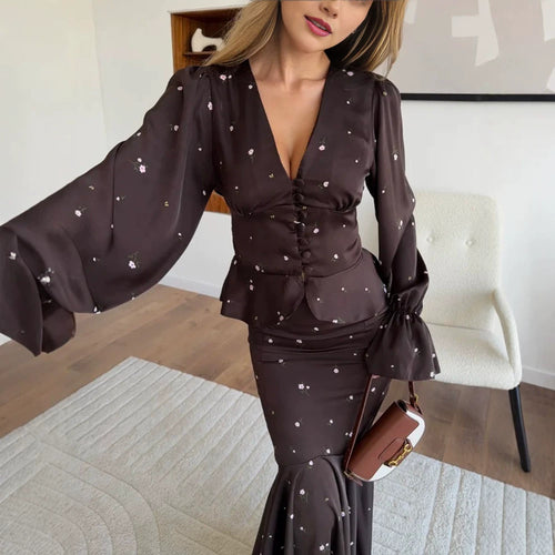 Damen Zweiteiliges Satin-Set mit tailliertem Knopf-Top und Meerjungfrau-Rock Echoarchiv