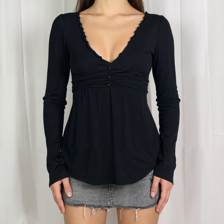 Damen Langarm-Wickelshirt im Empire-Stil mit geraffter Unterbrust und Rüschenkragen – Élovi