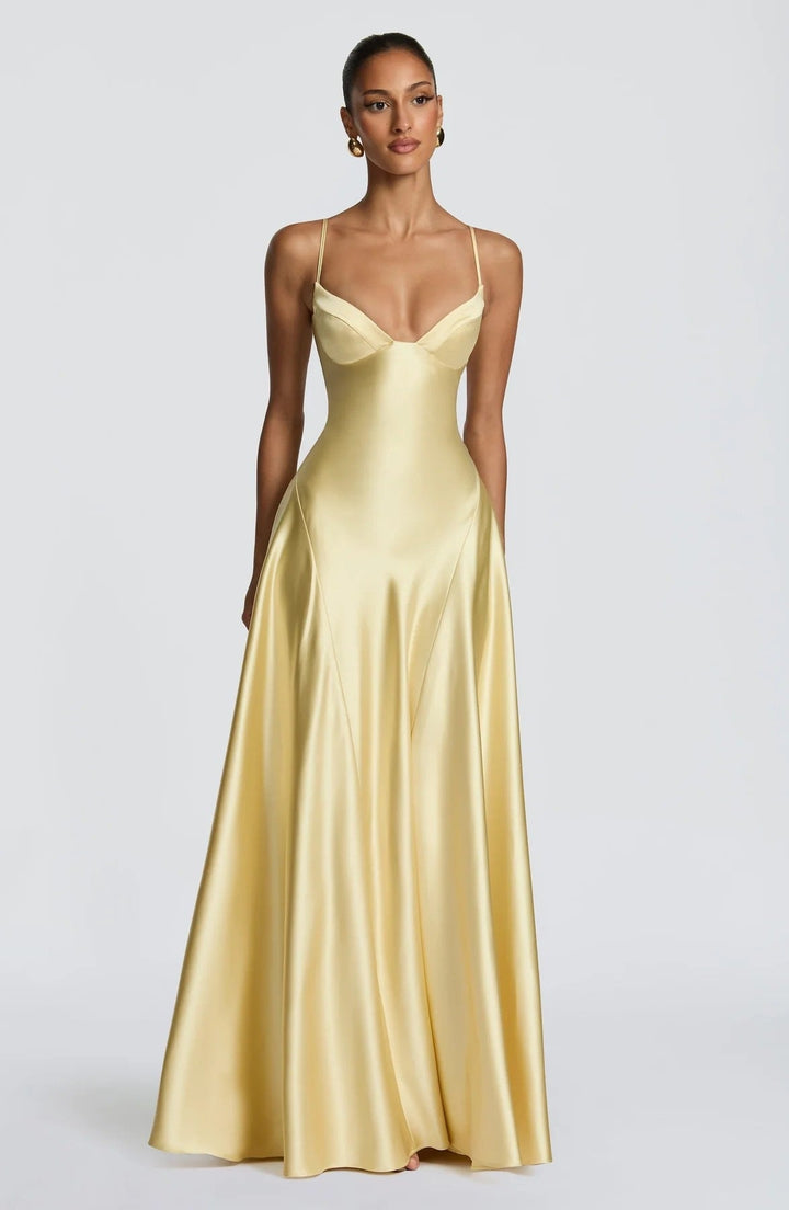 Damen elegantes Satin-Maxikleid mit raffinierten Spaghettiträgern Echoarchiv