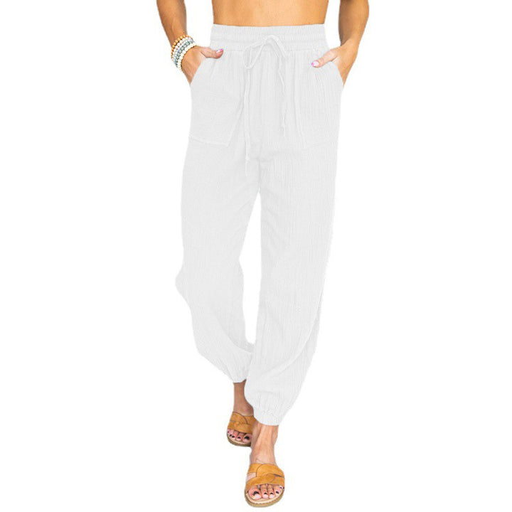 Damen nan leichte Leinenoptik Freizeit-Hose mit hohem elastischem Bund, Kordelzug, aufgesetzten Taschen und elastischen Knöchelbündchen Echo Archiv