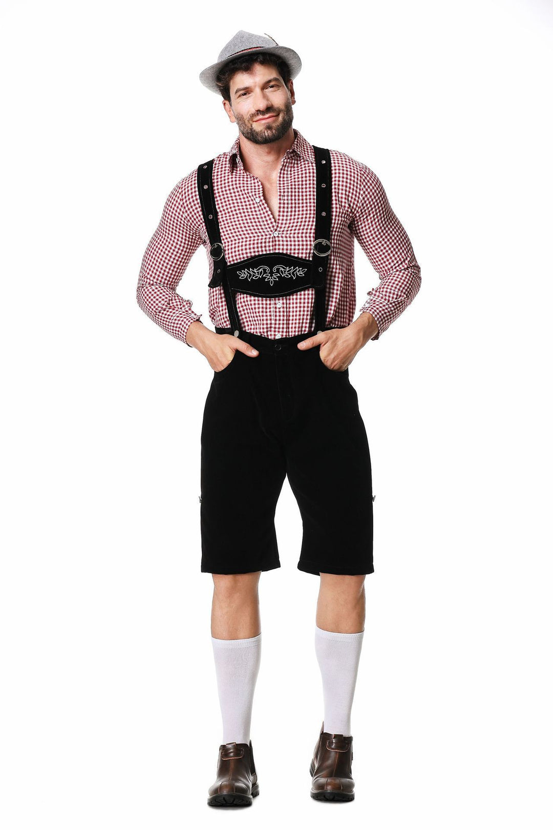 Herren nan kurze Trachtenlederhose in Veloursleder-Optik mit besticktem Brustlatz und verstellbaren Trägern Echo Archiv