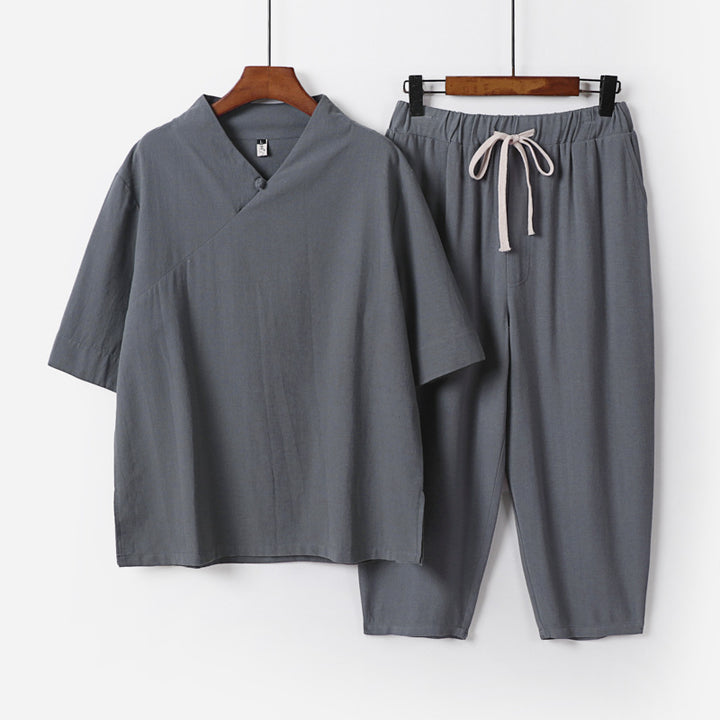 Herren Atmungsaktives Leinen-Baumwoll Lounge-Set mit asymmetrischem V-Kragen und elastischer Kordelhose Echoarchiv