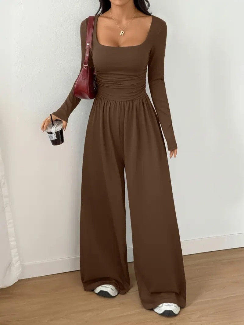 Damen Jumpsuit mit weitem Bein, eckigem Ausschnitt und geraffter Taillenpartie Echoarchiv