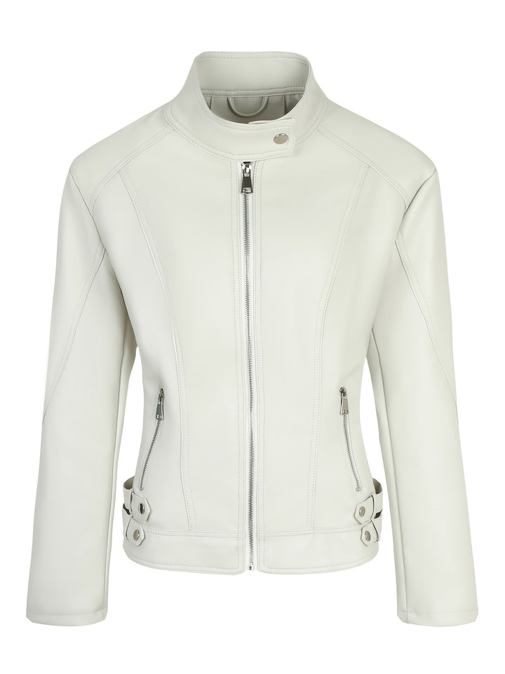 Damen Modische Kunstlederjacke mit Reißverschluss und seitlichen Taschen – Célinea