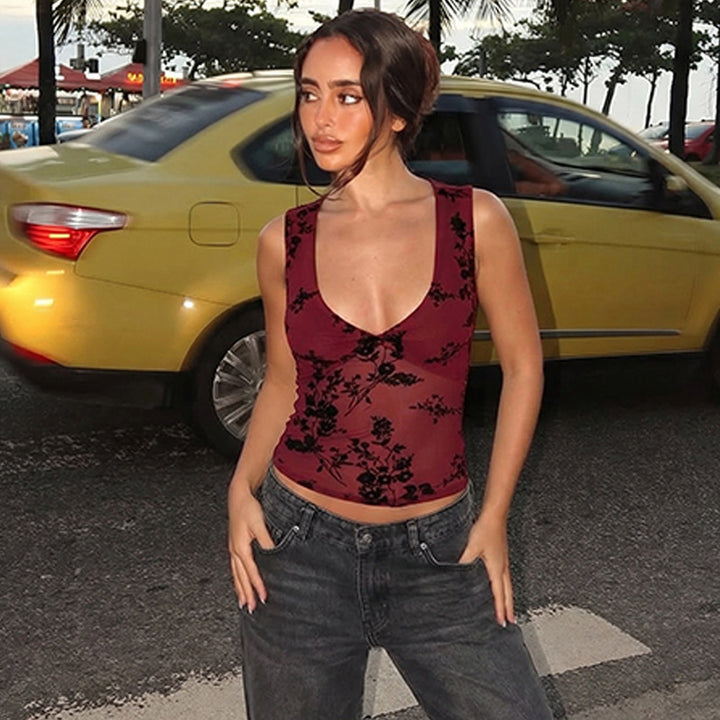 Damen elegantes Spitzentop mit floralem Muster und tiefem V-Ausschnitt Echo Archiv