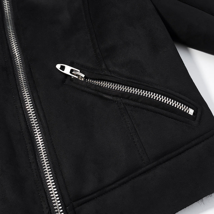 Damen Kurze Bikerjacke im Aviator-Look mit Kunstfellkragen und asymmetrischem Reißverschluss Echoarchiv