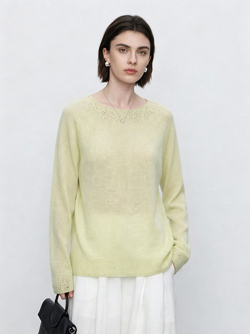 Damen Feiner Rundhals-Pullover mit Spitzenstrick-Detail Echo Archiv