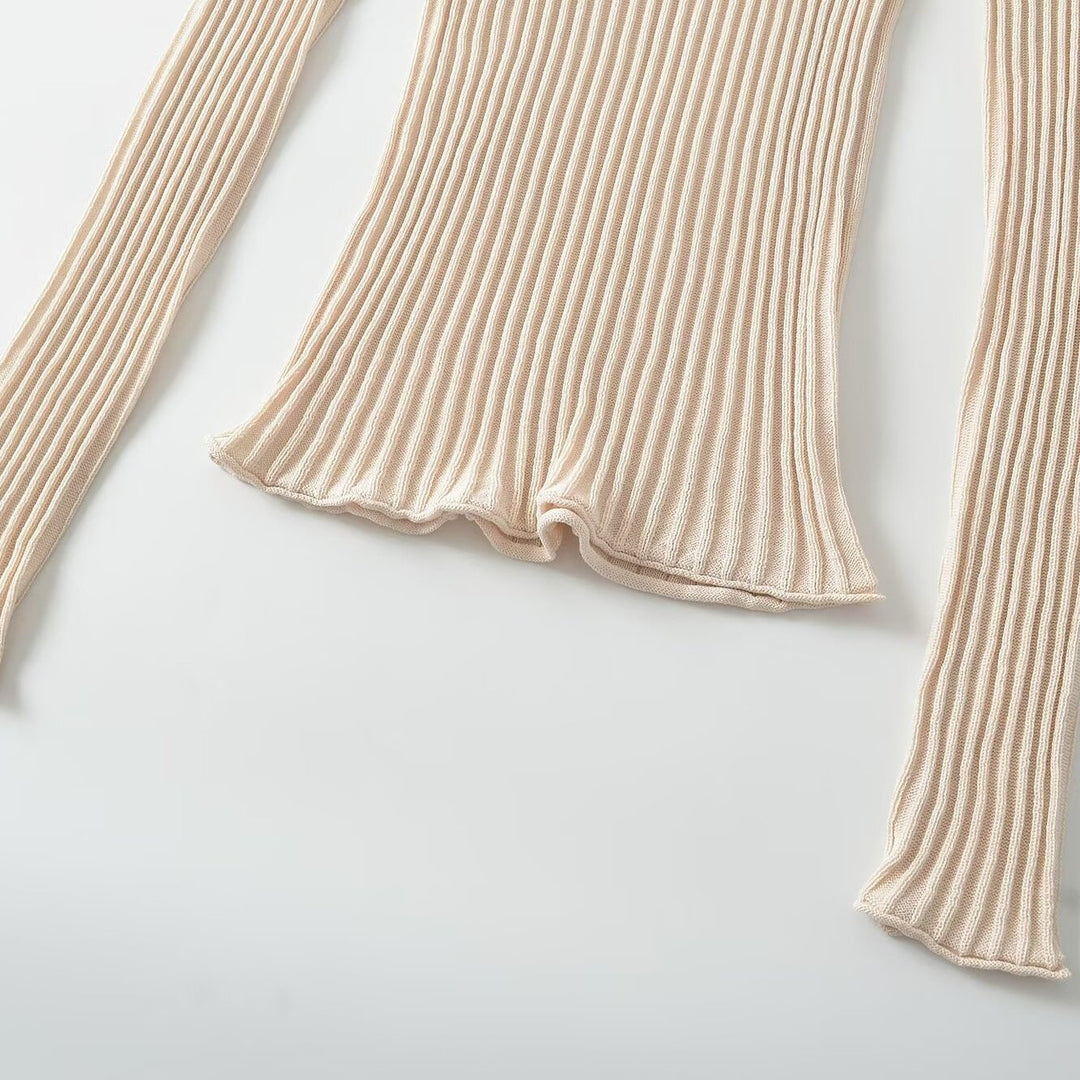 Damen Figurbetontes geripptes Langarm-Feinstrickshirt mit Henley-Knopfleiste Echoarchiv