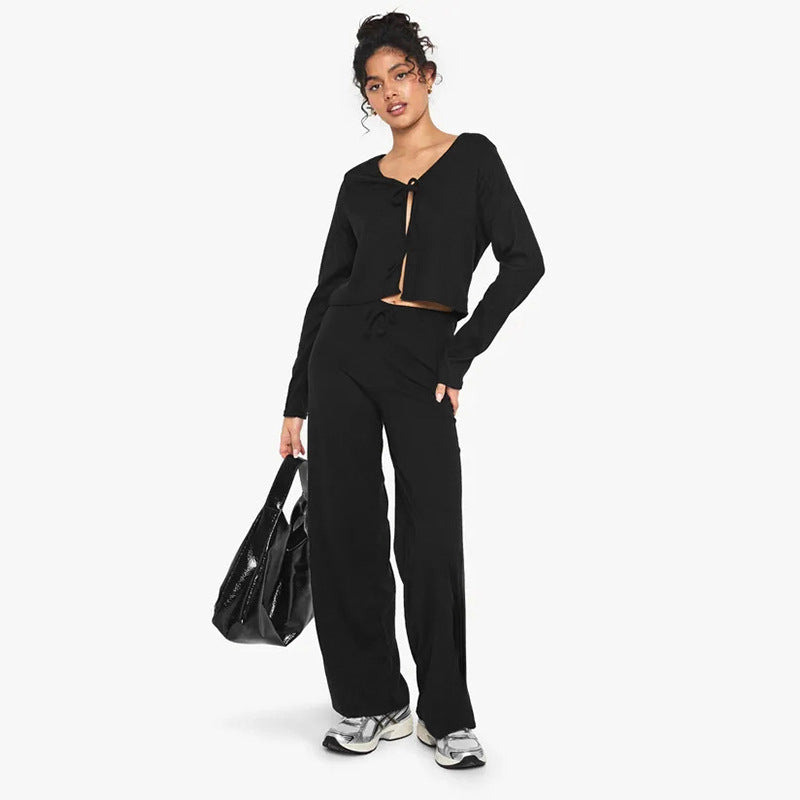 Damen bequemer Strickanzug mit cropped Jacke und weitem Hosenbein Echo Archiv