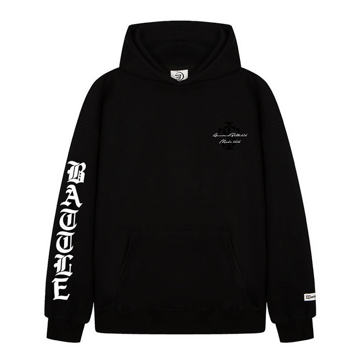 Unisex Oversize-Kapuzenpullover mit Gothic-Ärmelprint und Kängurutasche Echoarchiv