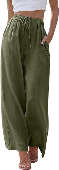 Damen nan weite Leinenhose mit elastischem Bund Kordel und Seitentaschen Echo Archiv