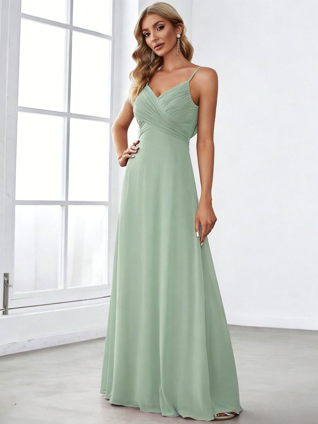 Damen nan fließendes Chiffon-Abendkleid mit überkreuzter Drapage, Empire-Taille und feinen Spaghettiträgern Echo Archiv