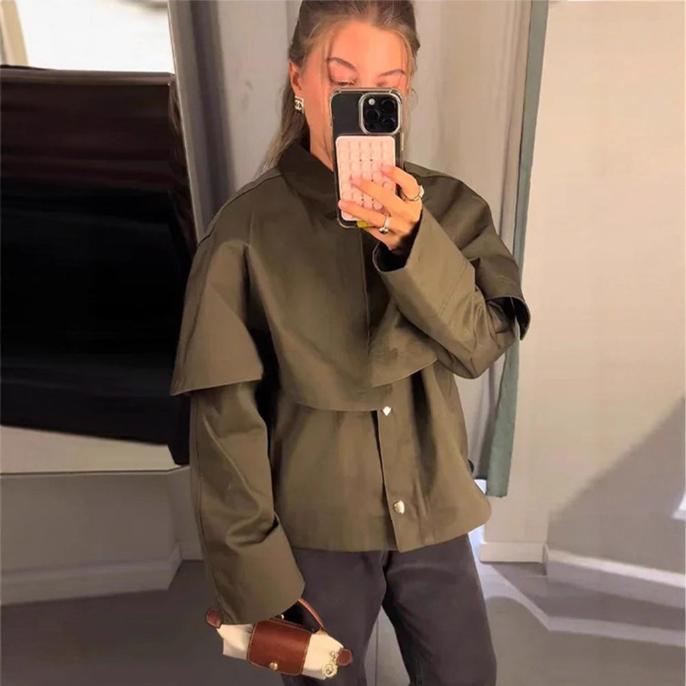 Damen Kurztrenchjacke mit Cape-Overlay und Oversize-Ärmeln Echoarchiv