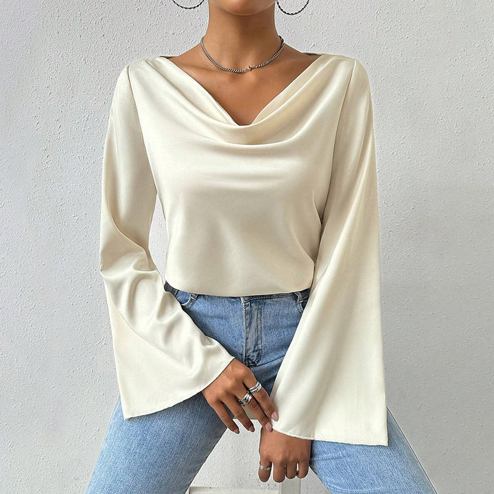 Damen Bluse mit Wasserfallkragen, weiten Trompetenärmeln und fließender Satinoptik – Élovi